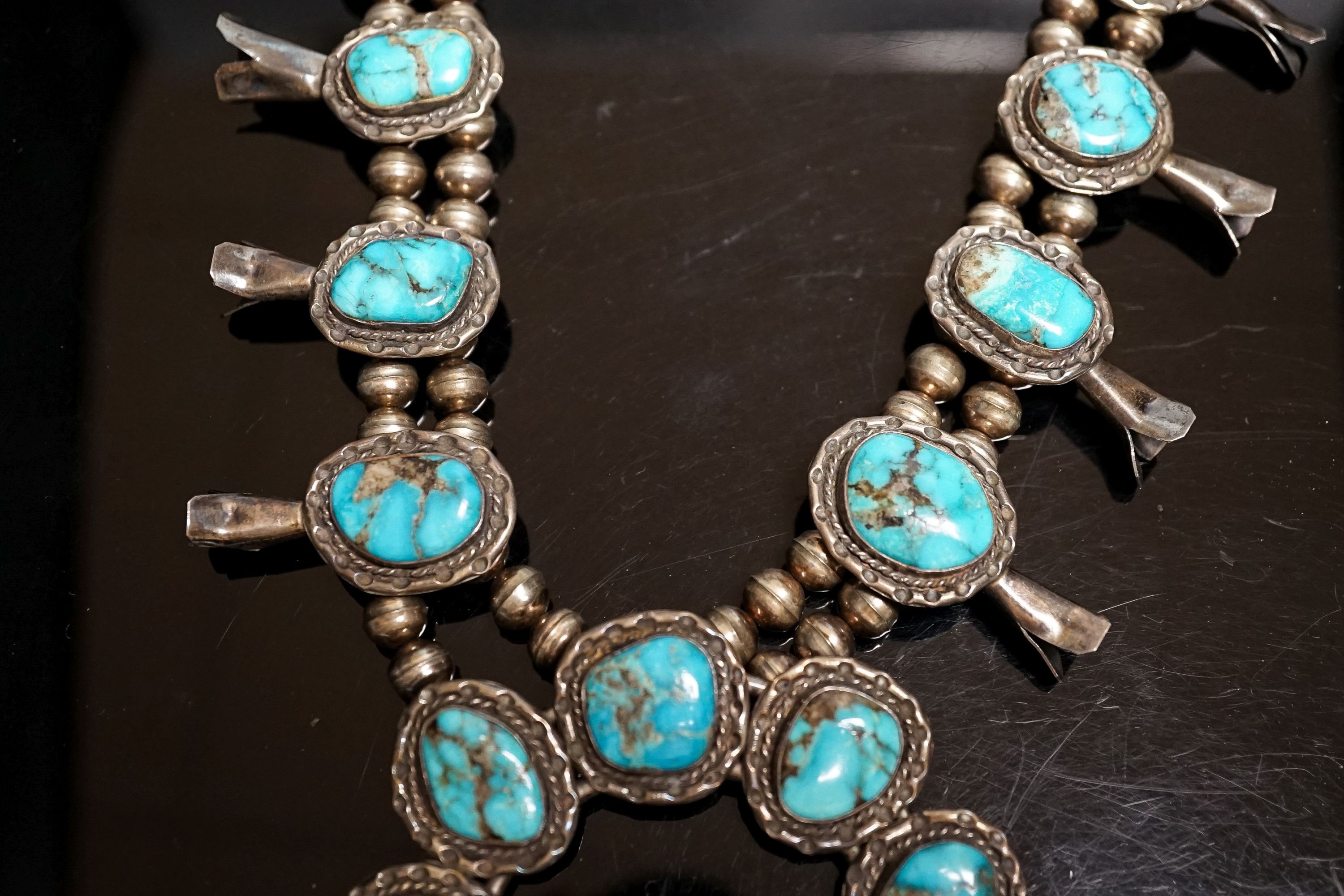 A South American? white metal and turquoise set necklace, 72cm.